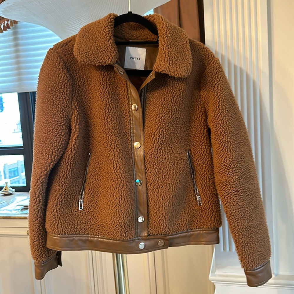 Bomber Jacket, faux leather trim , snap front , zip pockets, poodle fur
